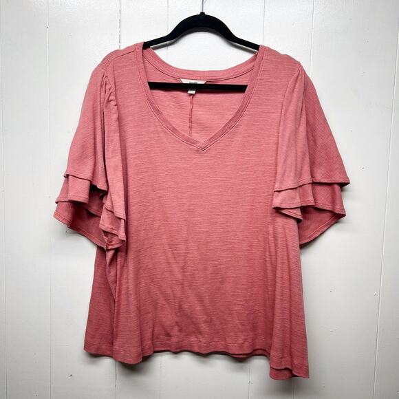 Terra & Sky Ribbed Ruffle Sleeve Women's Pink Pullover Top Size 3X Stretch - Picture 1 of 8